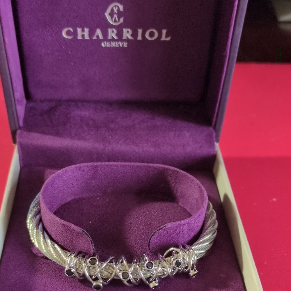 NWT Charriol Twisted Silver Bracelet with Black Crystals